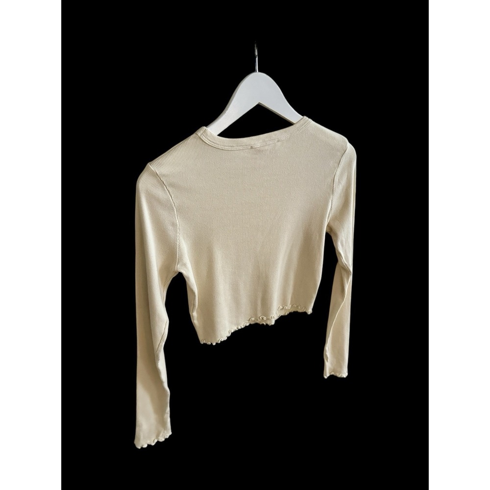 Lisa Says Gah‎ Long Sleeve Crop Top Sz Small Lettuce Trim Beige Neutral - Picture 2 of 9